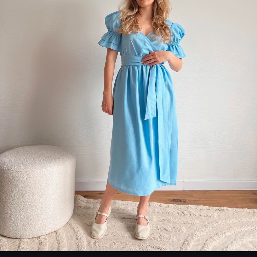 NEW Elegant Linen  Blue Midi Dress
